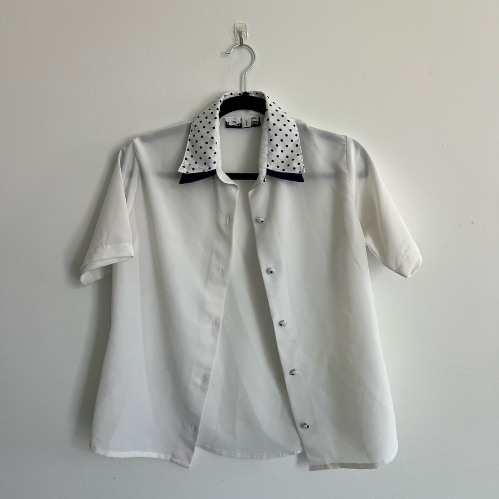 Savvy Ivory Blouse with Dark Blue Polka Dot Collar